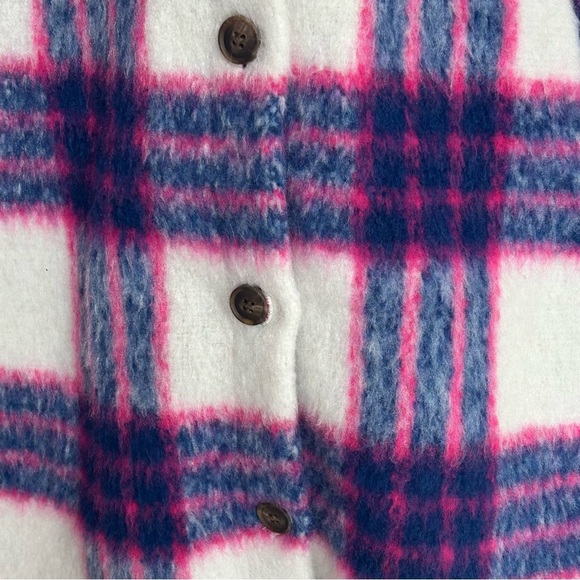 Madden NYC Women’s Plaid Shacket Jacket Size L White Blue Pink Button Front Warm - Picture 7 of 12
